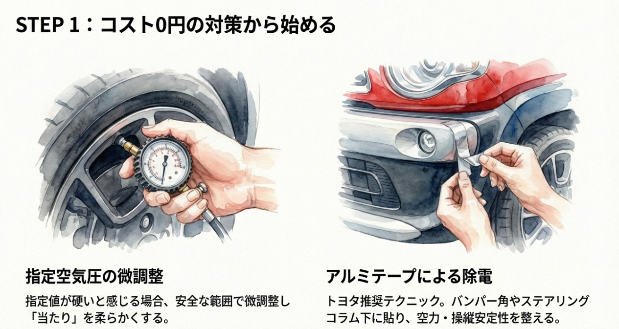 コスト0円でできる乗り心地対策。指定空気圧の微調整とアルミテープによる除電テクニック。