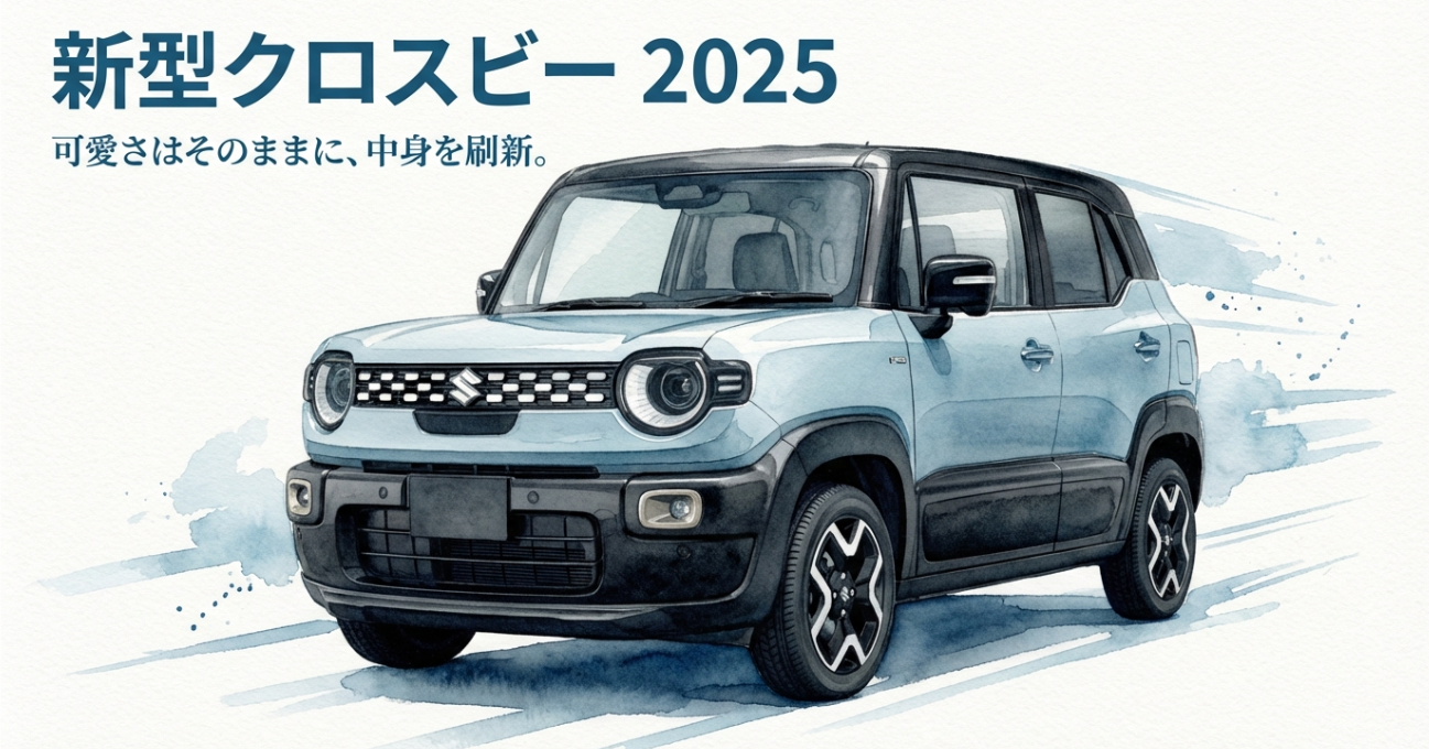 新型クロスビー2025の外観イメージと「可愛さはそのままに、中身を刷新。」を示す導入スライド