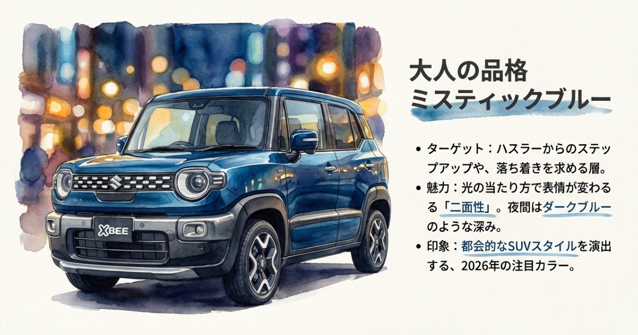 大人の品格漂うミスティックブルーの解説。光の当たり方で表情が変わる二面性や、都会的なSUVスタイルを演出する魅力を紹介。