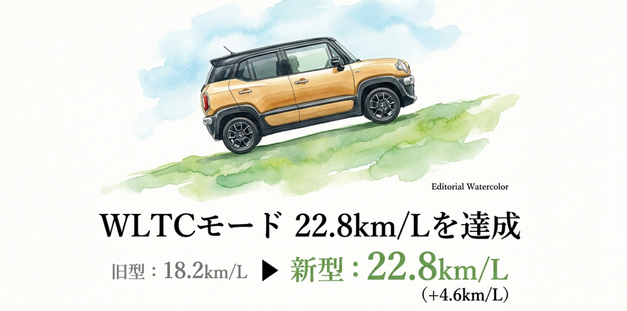 新型クロスビーがWLTCモードで22.8km/Lを達成し、旧型（18.2km/L）から4.6km/L向上したことを示す比較図。