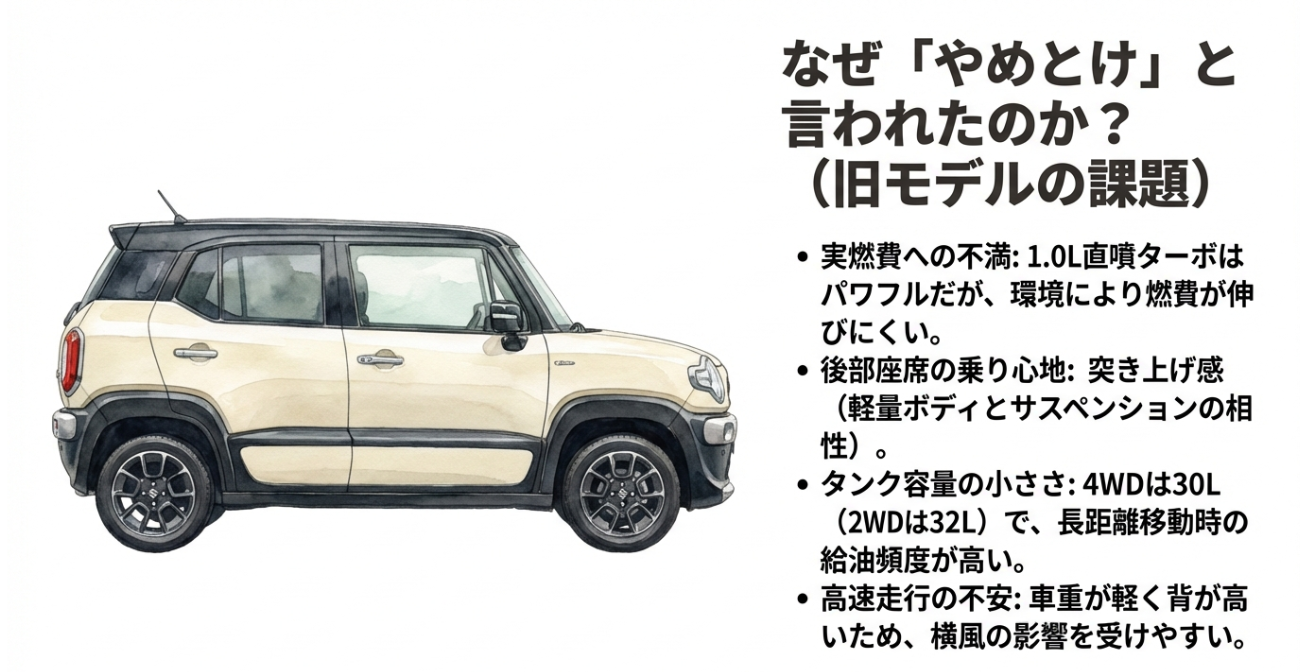 旧型クロスビーで「やめとけ」と言われた主な理由（実燃費・乗り心地・タンク容量・高速走行）のまとめスライド