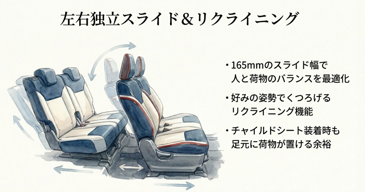 左右独立して165mmスライドし、好みの姿勢でくつろげるリクライニング機能を備えた後部座席の説明
