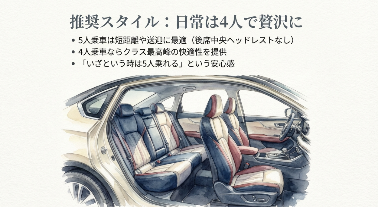 日常は4人で贅沢に使い、いざという時の5人乗りを安心材料とする推奨スタイルを提案するスライド
