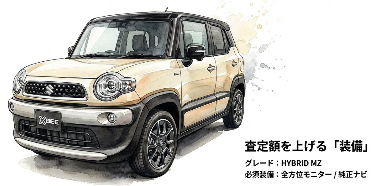 クロスビーの査定額を上げる装備（HYBRID MZ、全方位モニター、純正ナビが評価されやすい）