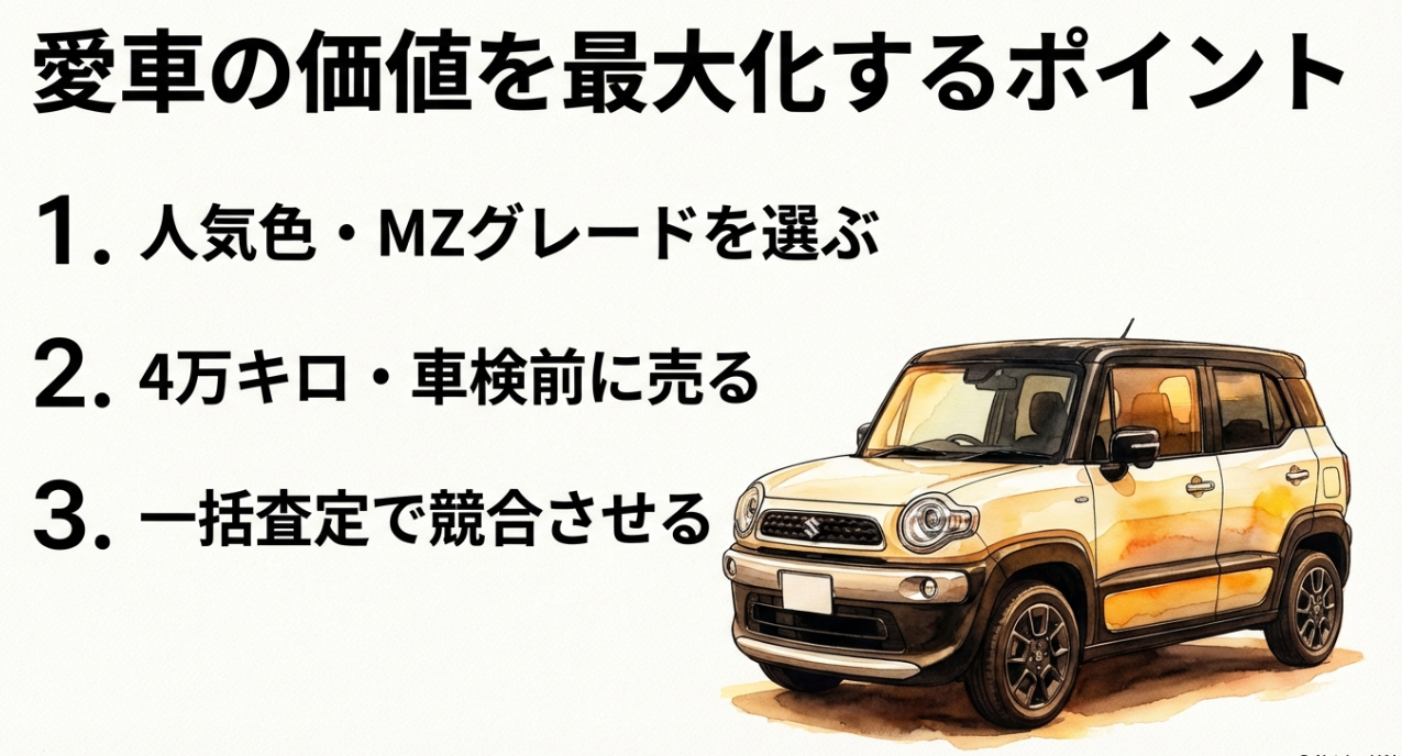 クロスビーの価値を最大化する3ポイント（人気色・MZグレードを選ぶ、4万キロ・車検前に売る、一括査定で競合させる）