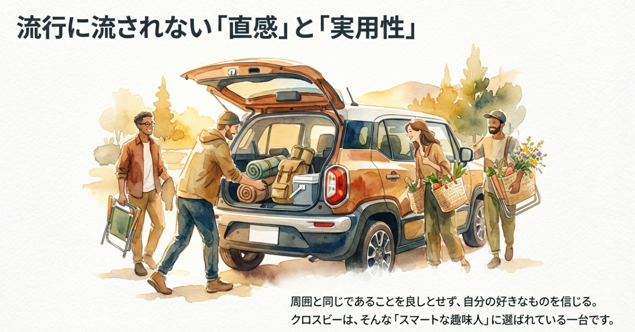 流行に流されず、自分の直感を信じる「スマートな趣味人」に選ばれるクロスビーの利用シーンイメージ。