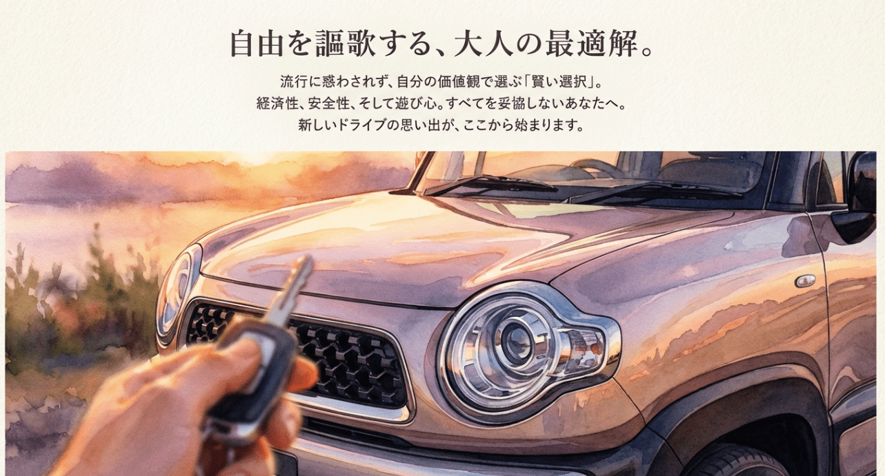 クロスビーを選ぶ「賢い選択」のまとめスライド。夕暮れを背景にしたフロントマスクと車のキーを持つ手元のイメージ。