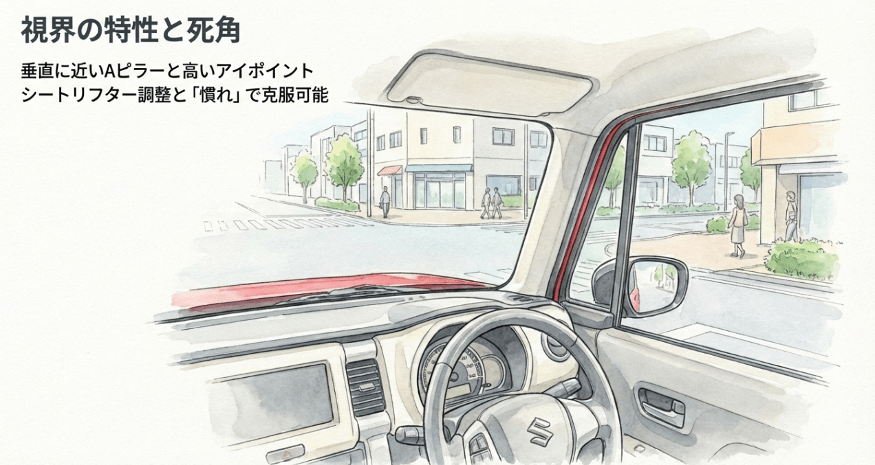 クロスビーの運転席からの視界イメージと、垂直に近いAピラーによる死角、アイポイントの高さを説明するスライド